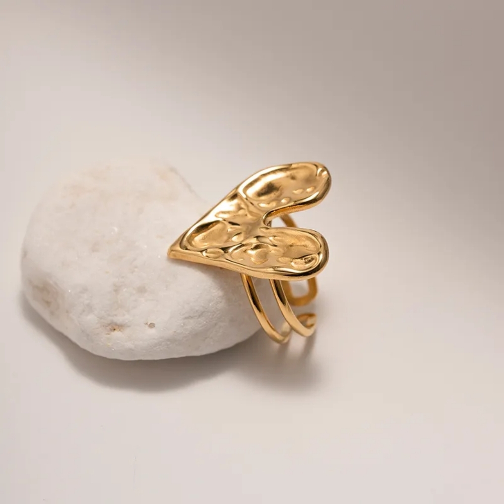 Adjustable Stainless Steel Open Rings, Modern Design with textured heart design. - Picture 2 of 8